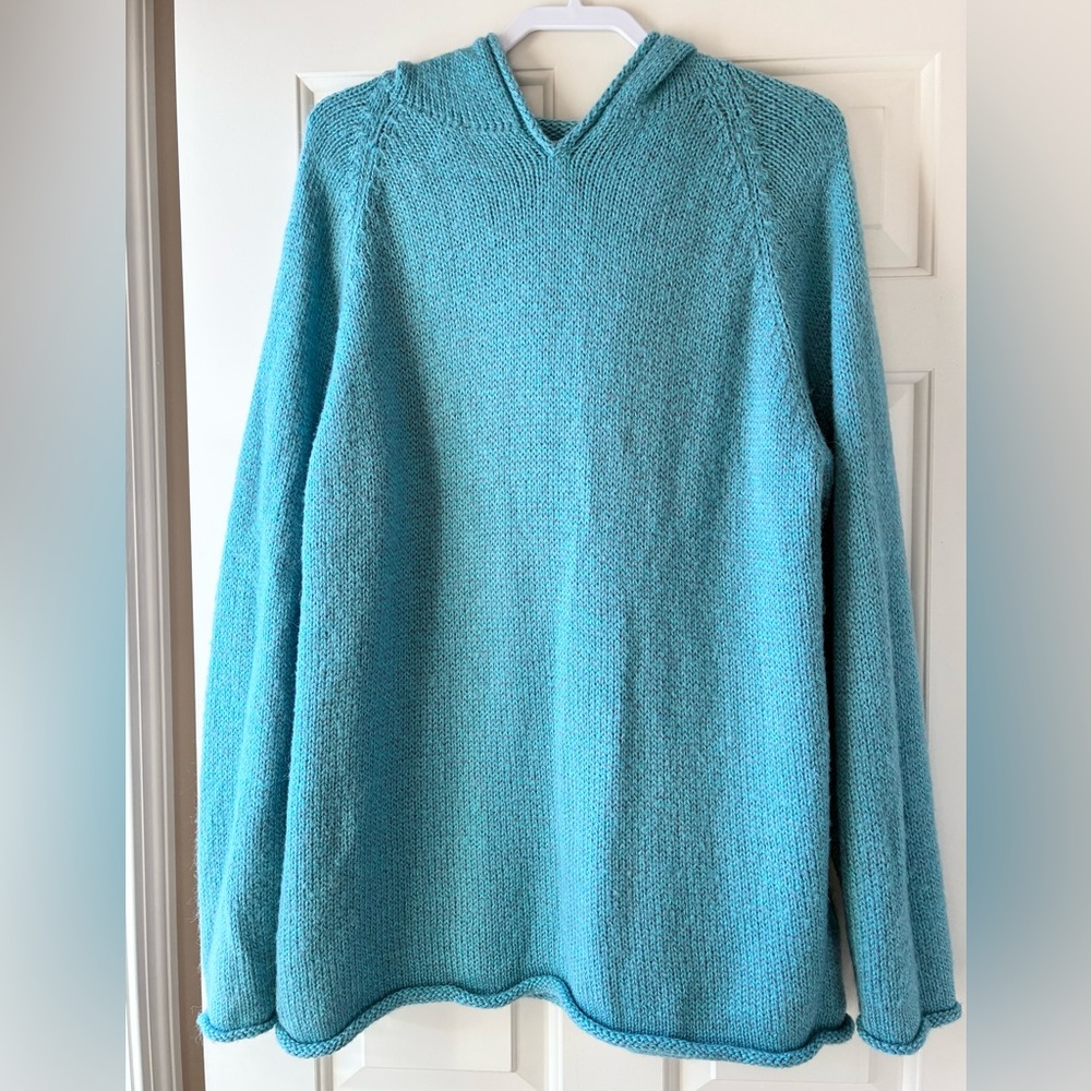 American South Side Hooded Knit Sweater Wool Alpaca Blend Teal Blue Size XL